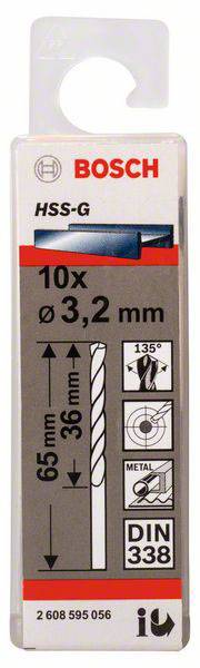 Balení pro Bosch HSS-G kovové vrtáky, 10 kusů, průměr 3,2 mm, délka 65 mm. Obsahuje symboly pro výkon vrtání a materiál.