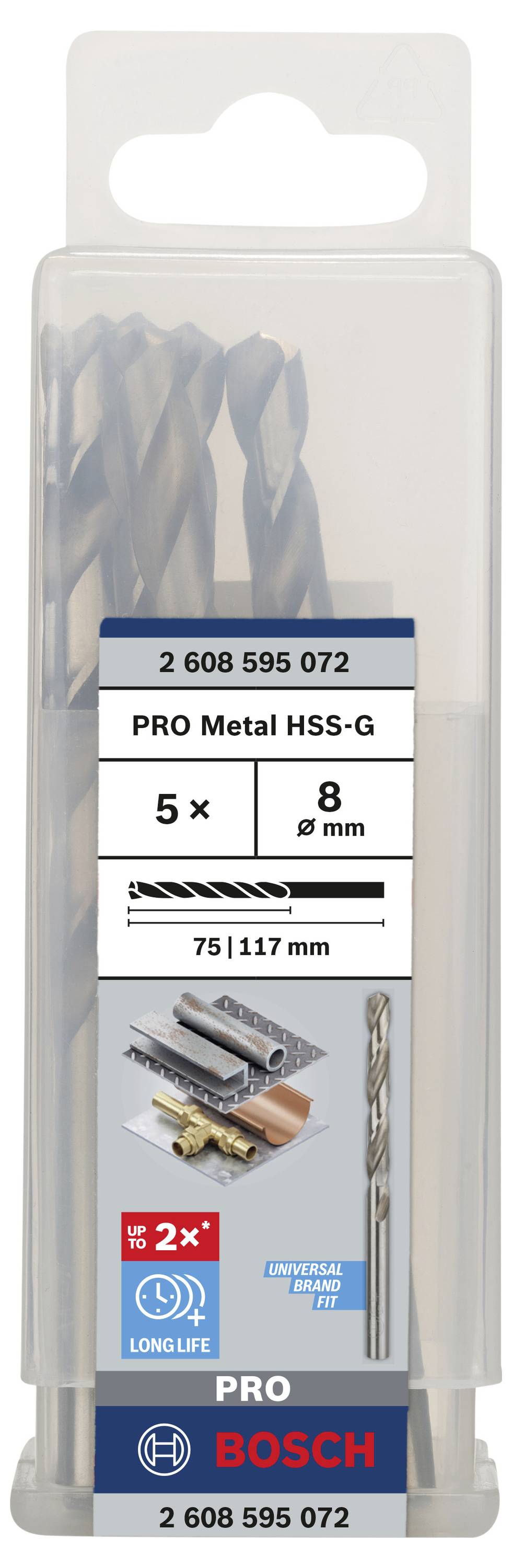 Sada vrtáků Bosch PRO Metal HSS-G, 5 kusů, průměr 8mm, pro obrábění kovů, včetně ikony pro dlouhou životnost.