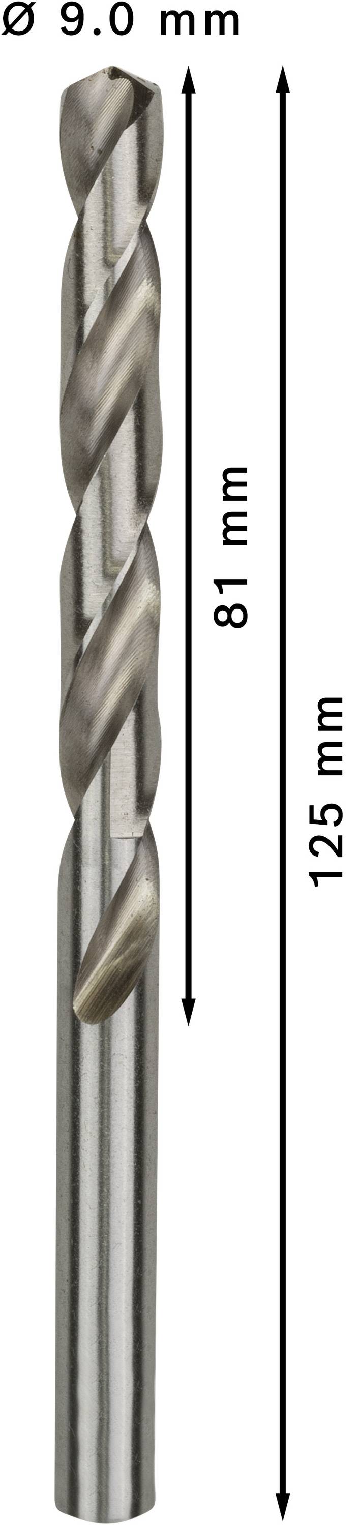 Vrták s průměrem 9 mm. Celková délka činí 125 mm, použitelná délka 81 mm. Stříbrná barva, válcový tvar.