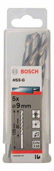 Balení obsahuje pět vrtáků Bosch HSS-G, průměr 9 mm, délka 125 mm. Vhodné pro vrtání do kovu. Odpovídá normě DIN 338.