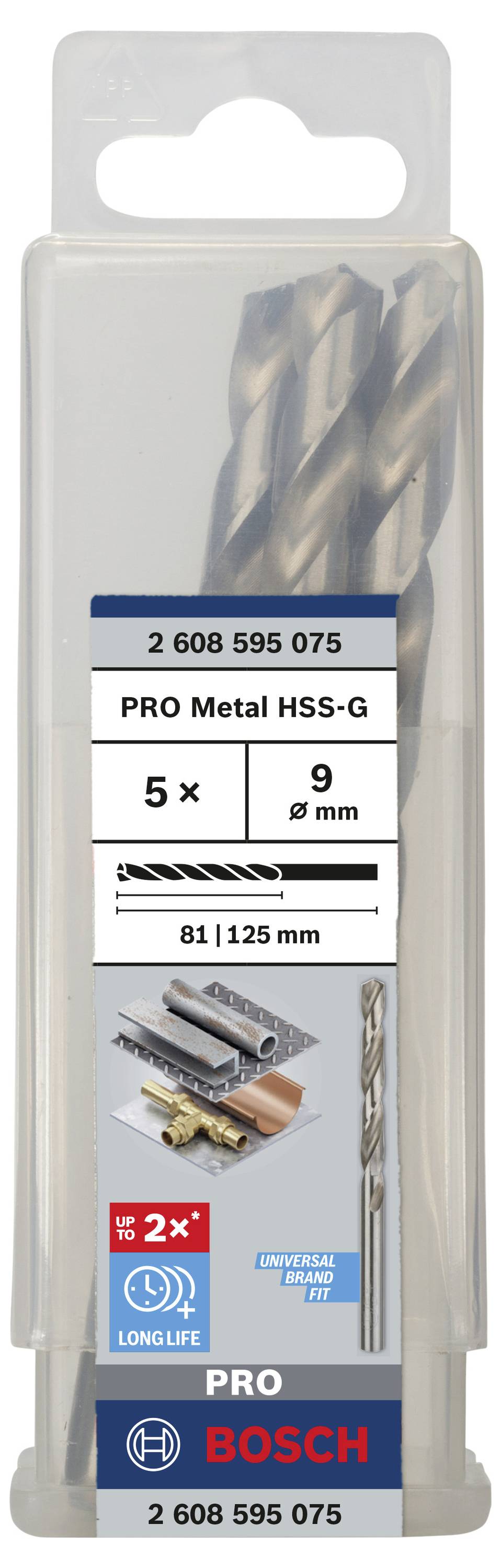 Balení s pěti vrtáky PRO Metal HSS-G od Bosch, průměr 9 mm, vhodné pro kov, beton a dřevo.