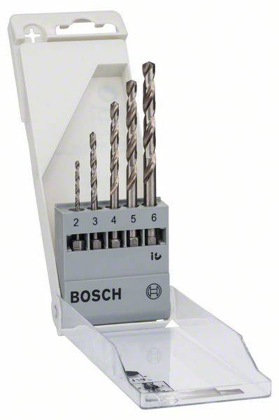 Sada pěti vrtáků Bosch v postupných velikostech od 2 do 6 mm, umístěných ve vzpřímené poloze v otevřené krabici.