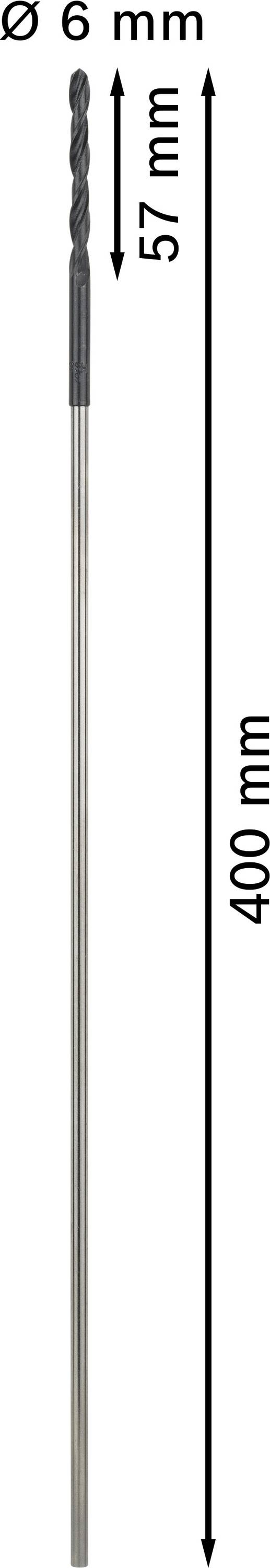 Vrták na kov s průměrem 6 mm, délka 400 mm, spirálová část 57 mm. Ideální pro hluboké vrtání do kovu.