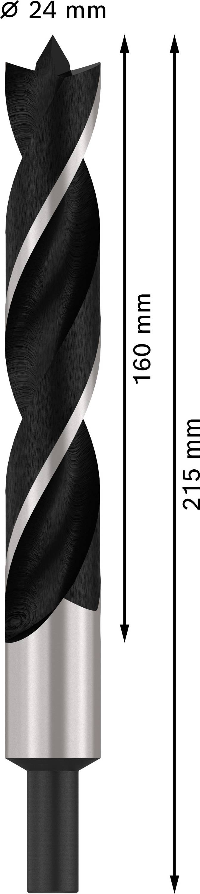 Zobrazen je vrták. Průměr: 24 mm; řezná délka: 160 mm; celková délka: 215 mm. Vhodný pro práce se dřevem.