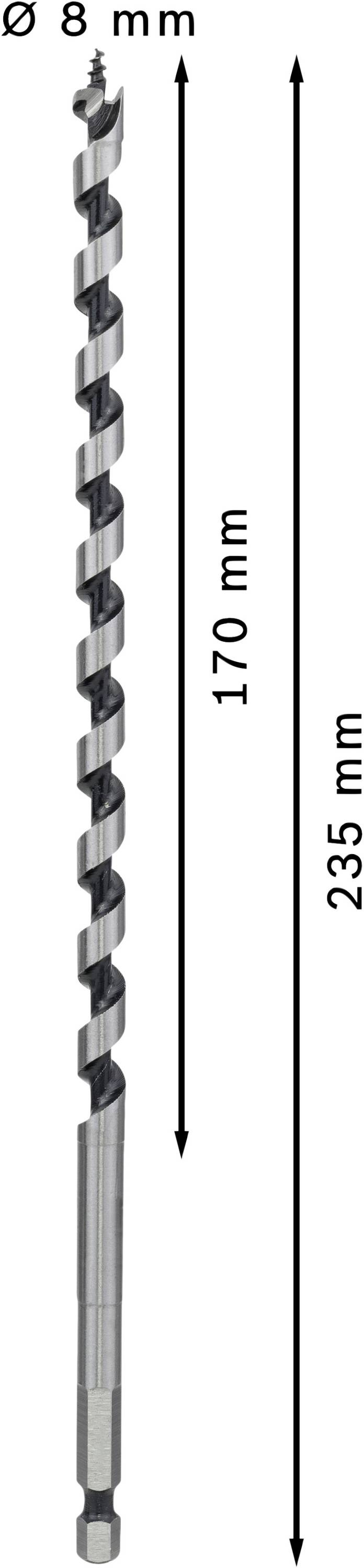 Šnekový vrták s průměrem 8 mm. Celková délka 235 mm, délka drážky 170 mm. Vhodný pro vrtání do dřeva.