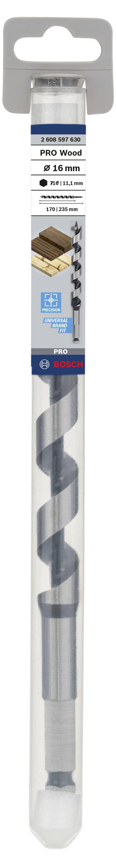 Dřevěný spirálový vrták v balení, vhodný pro práce se dřevem, 8x400 mm. Logo značky nahoře, obrázek možností použití.