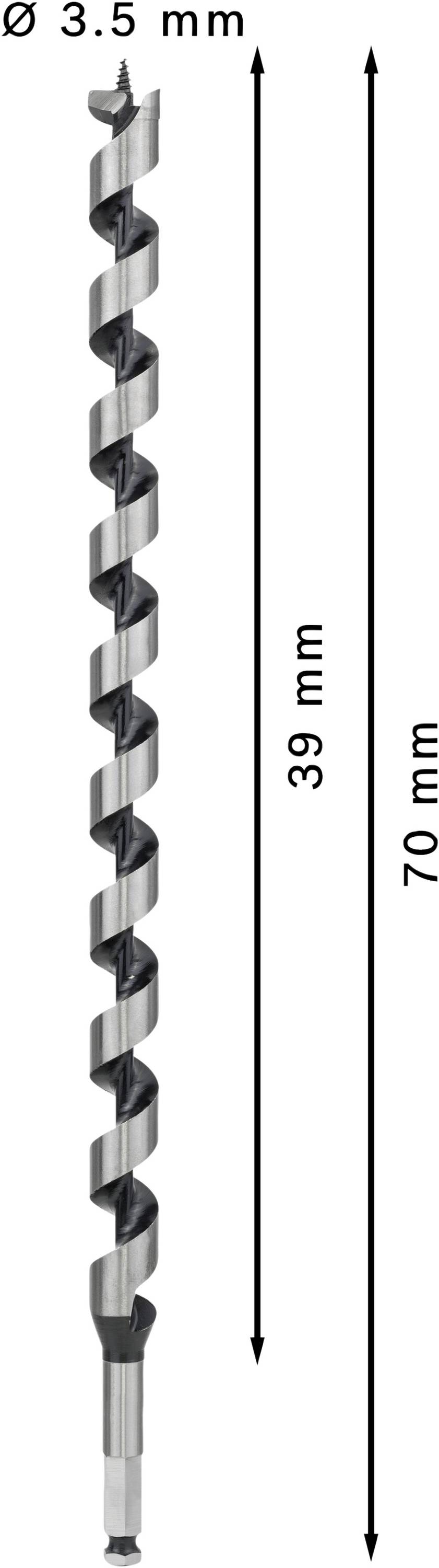 Vrták s průměrem 3,5 mm, délkou závitu šroubu 39 mm a celkovou délkou 70 mm.