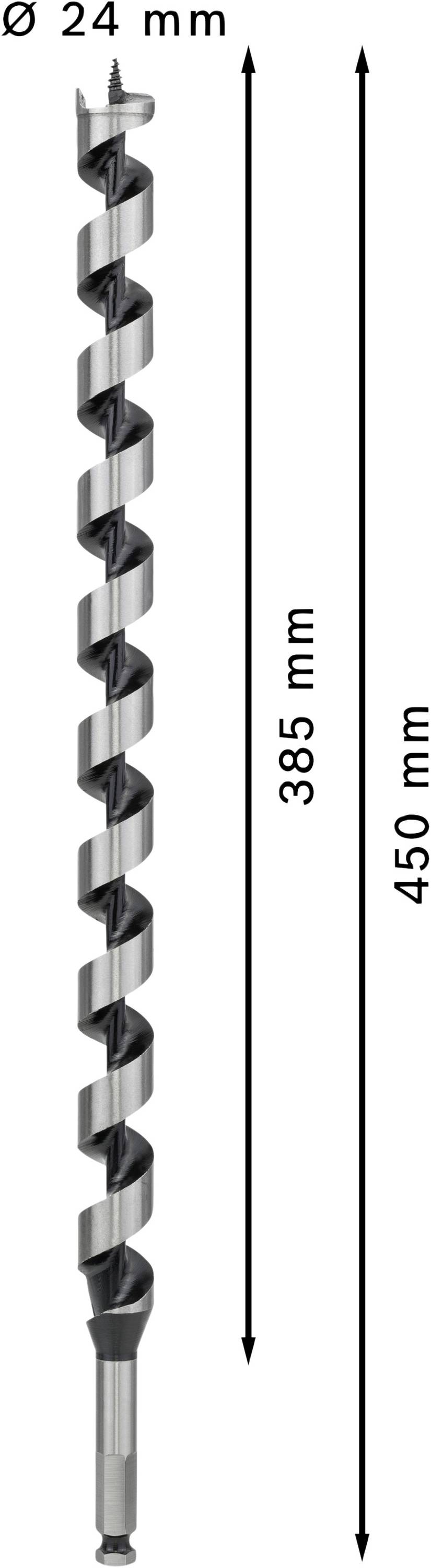 Vrták s průměrem 24 mm a délkou 450 mm, z toho 385 mm hloubka vrtání, je zobrazen vertikálně.