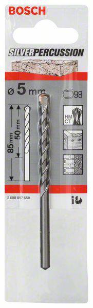 Vrták 'Bosch Silver Percussion', průměr 5 mm, délka 85 mm. Vhodný pro beton, zdivo. Obal zobrazuje vrták a typy materiálů.