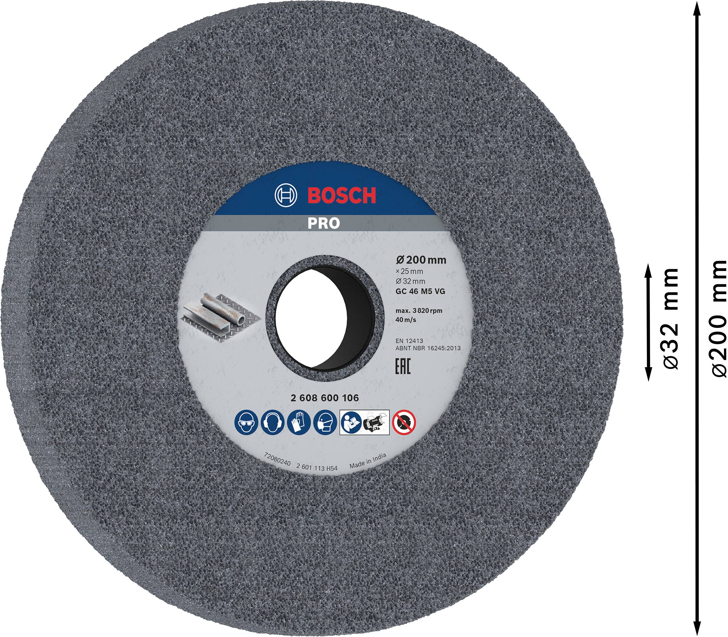 Brusný kotouč od Bosch, průměr 200 mm, s údaji o čísle produktu a přípustných otáčkách na štítku.