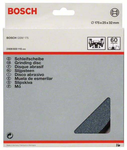 Obal 'Bosch GSM 175' brusného kotouče zobrazuje specifikace výrobku; průměr 175 mm, zrnitost 60, vhodný pro různé brousicí práce.