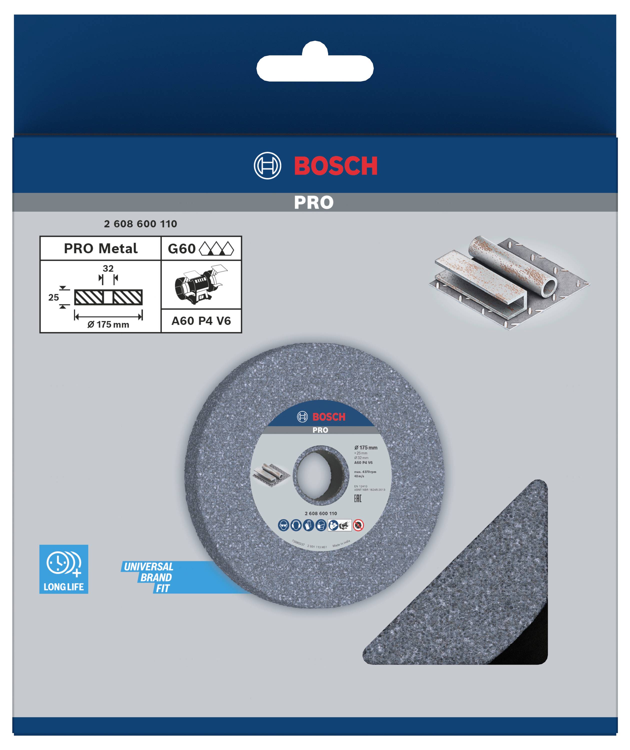 Brusný kotouč na kov, zobrazený v produktovém obalu. Značka a specifické technické údaje jsou viditelné.