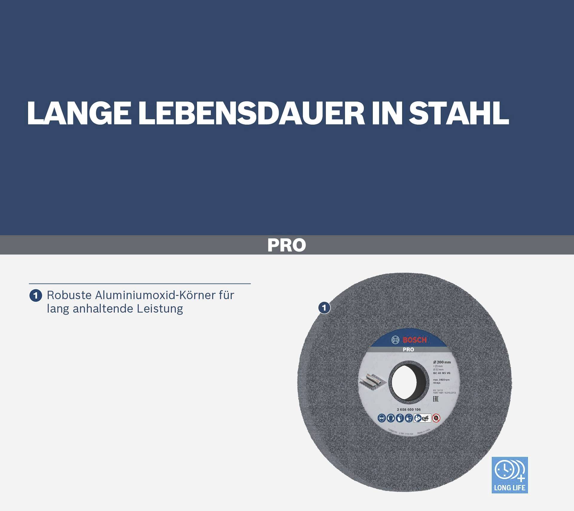 Robustní zrna oxidu hlinitého pro dlouhotrvající výkon. Obrázek brusného kotouče se zaměřením na dlouhou životnost při zpracování oceli.