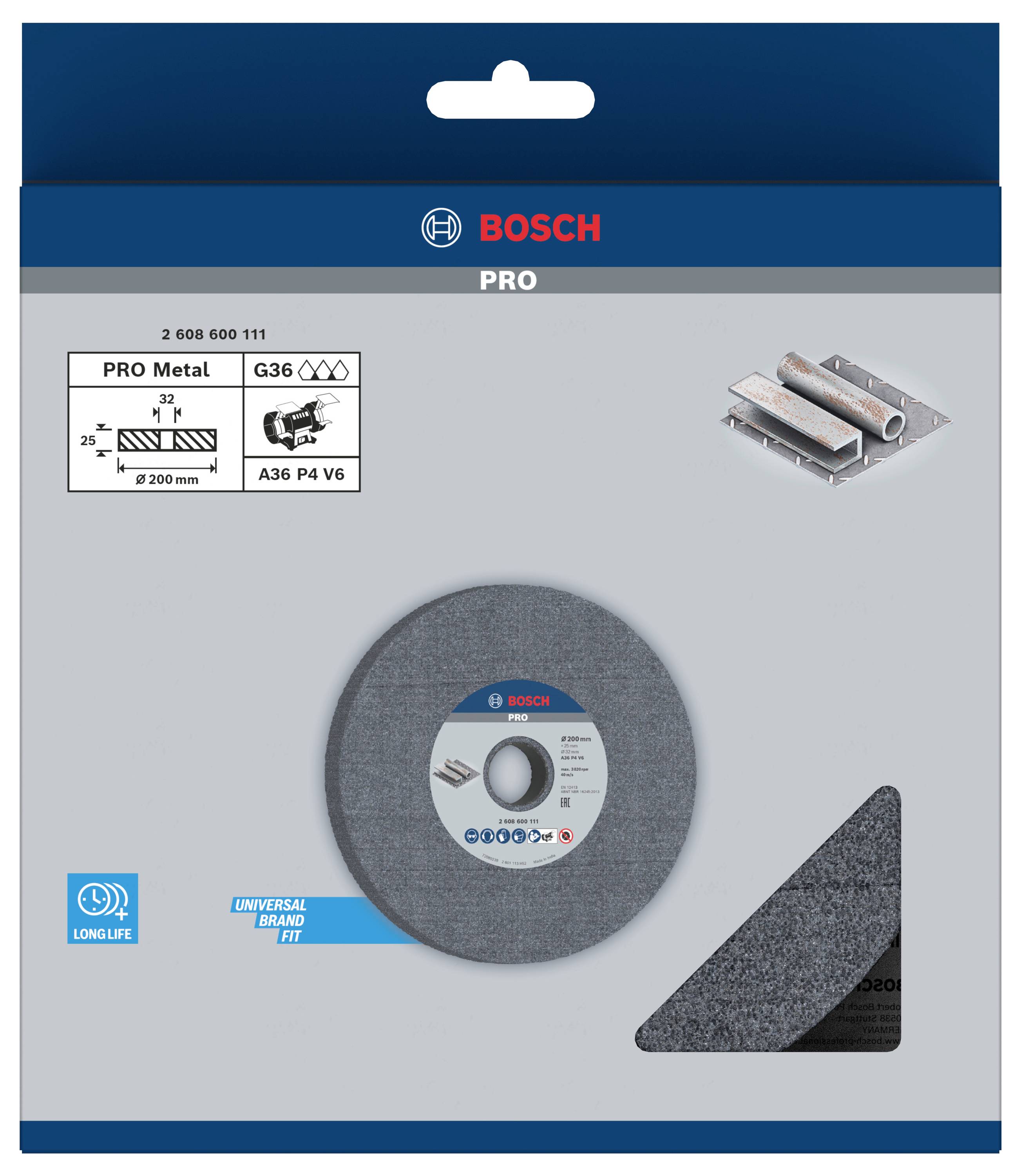 Obal 'Bosch Pro Metal Trennscheibe', zobrazuje šedý, kulatý řezný kotouč pro zpracování kovu. Vhodný pro úhlové brusky.