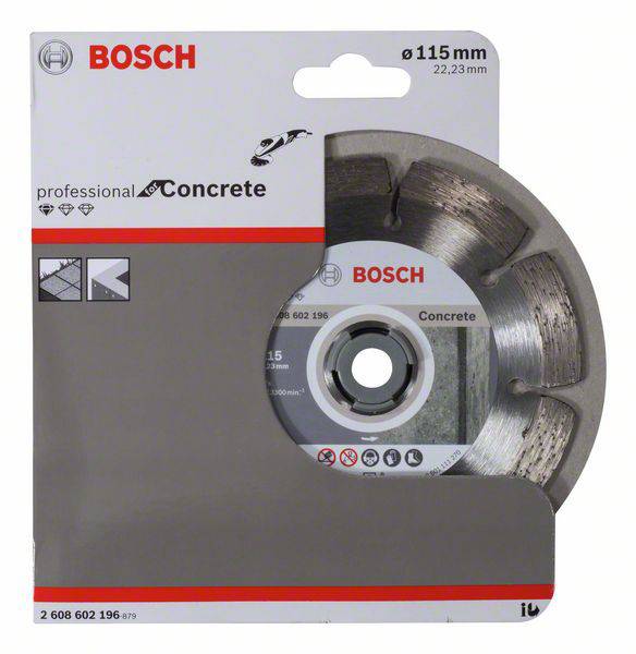 Diamantový řezný kotouč Bosch pro beton, vhodný pro úhlovou brusku s průměrem 115 mm. Balení s logem značky.