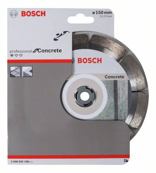Balení diamantového řezného kotouče Bosch, 150 mm, s diamantovými segmenty. Vhodný pro profesionální řezání betonu.