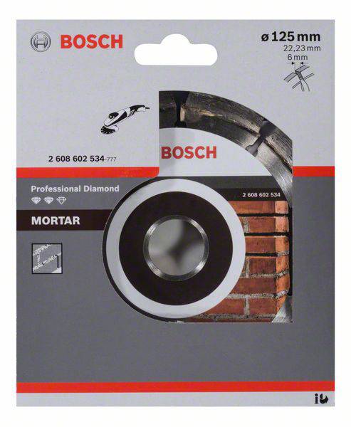 Balení profesionálního diamantového řezného kotouče Bosch, vhodného pro maltu. Průměr: 125 mm, otvor: 22,23 mm. Obrázek cihlového zdiva.