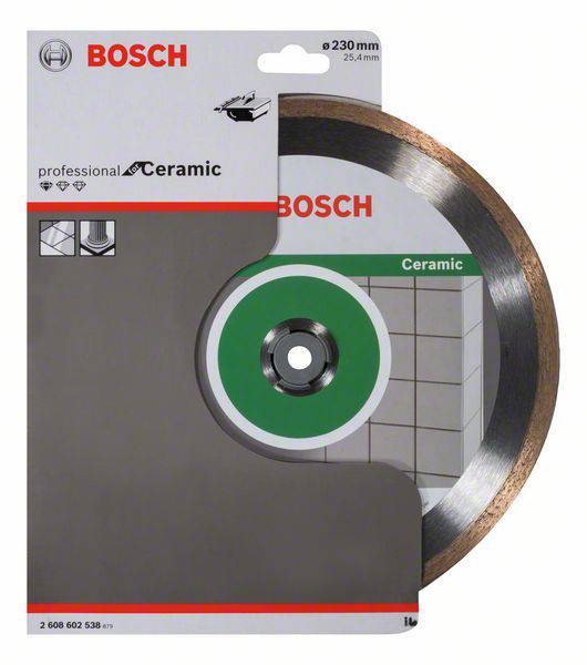 Obal Bosch keramického pilového kotouče s kruhovým pilovým kotoučem. Vhodný pro řezání keramiky o průměru 230 mm.