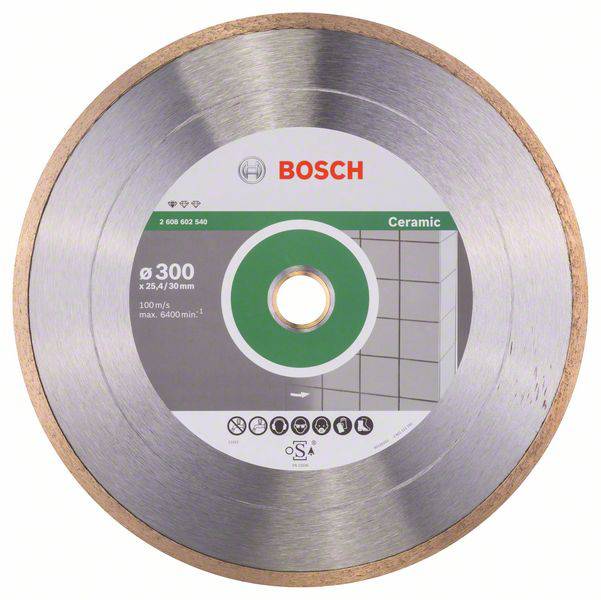 Diamantový řezný kotouč 'Bosch', průměr 300 mm, speciálně pro keramiku. Etiketa zobrazuje bezpečnostní a návod k použití, max. 6400 ot./min.