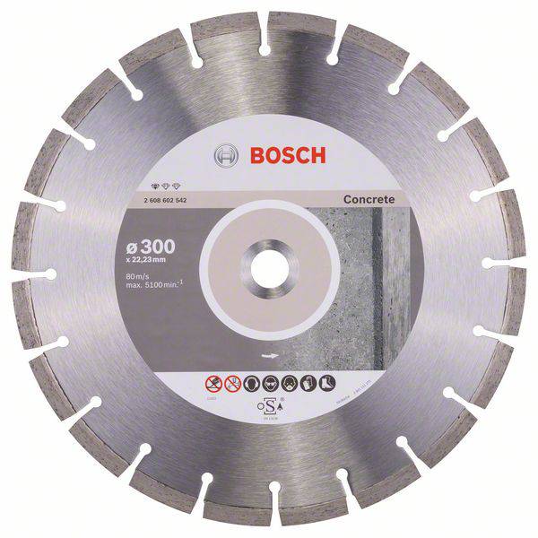 Diamantový řezný kotouč Bosch na beton. Průměr 300 mm, řezná rychlost 80 m/s, max. 5100 ot./min.