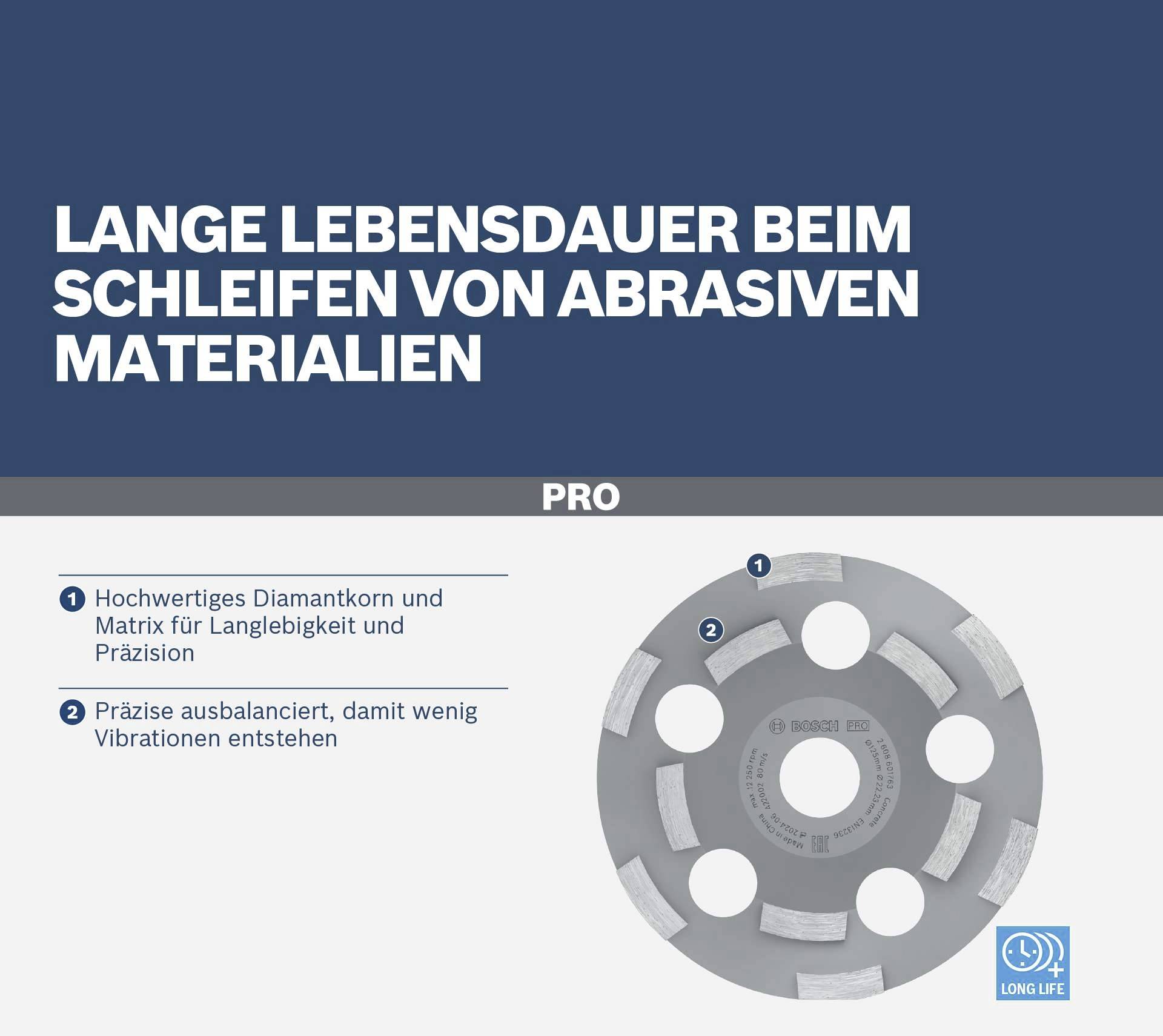 Dlouhá životnost při broušení abrazivních materiálů. Vysoce kvalitní diamantové zrno a matrice pro přesnost a vyvážení.