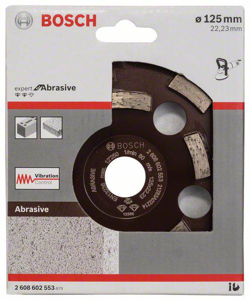 125mm brusný kotouč Bosch v balení, vhodný pro beton a kámen. S technologií Vibration Control a vnitřním průměrem 22,23 mm.