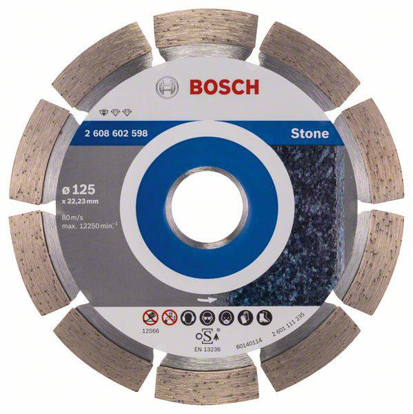 Diamantový řezný kotouč s logem Bosch, vhodný pro kámen. Průměr 125 mm, maximální otáčky 12.250 ot./min, určený pro přesné řezání.