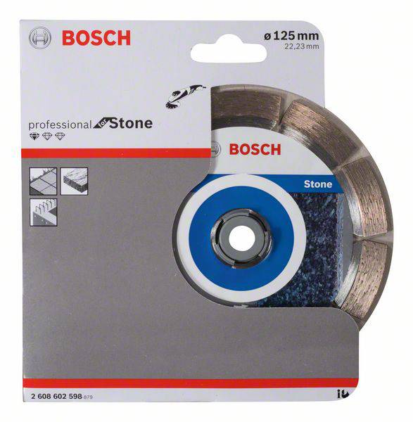 Obal diamantového řezného kotouče Bosch pro kámen o průměru 125 mm. Obsahuje symboly zobrazující oblasti použití.
