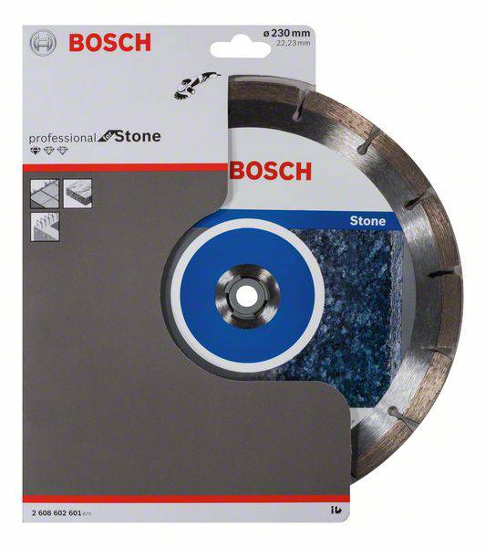Diamantový řezací kotouč Bosch pro kámen, průměr 230 mm. Vhodný pro profesionální použití. Obal zobrazuje ilustraci produktu a symboly řezných technik.