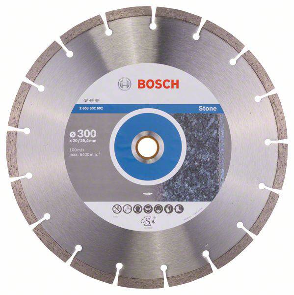 Diamantový řezný kotouč značky Bosch, vhodný pro kámen. Průměr 300 mm. Maximální otáčky 6400 ot./min.
