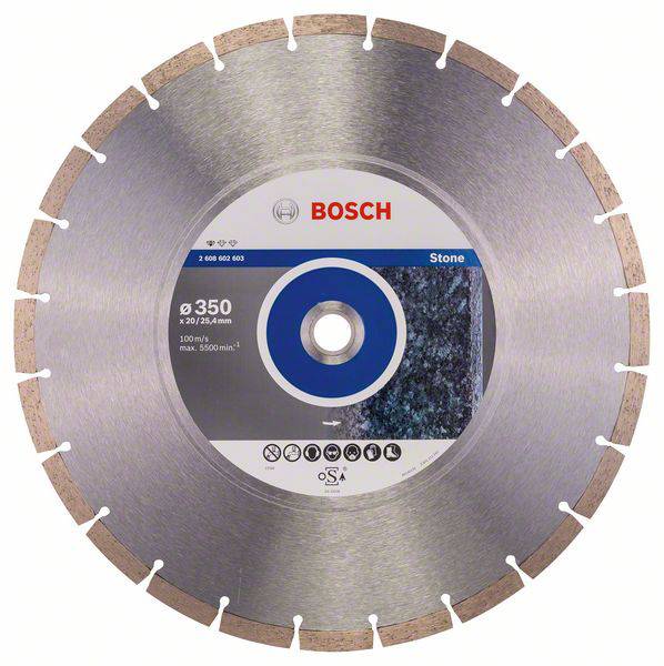 Diamantový řezný kotouč s logem Bosch, průměr 350 mm, pro řezání kamene, max. 5000 ot./min.