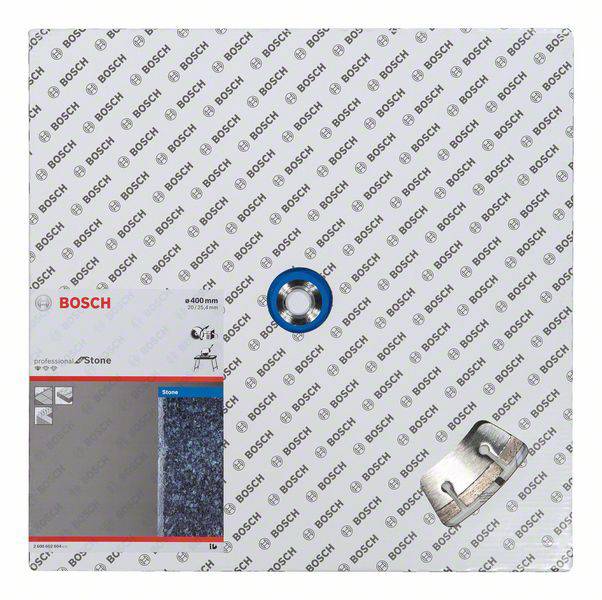 Balení sady brusných kotoučů Bosch. Zobrazuje značku a specifikace produktu pro broušení a řezání kamenných materiálů.