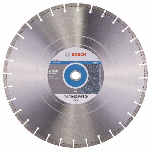Pilový kotouč s kovovými štěrbinami, centrálním potiskem 'Bosch', průměrem 450 mm, speciálně určený pro opracování kamene.