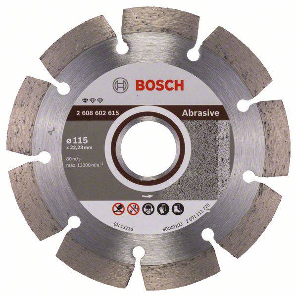 Pilový kotouč s nápisem 'Bosch Abrasive', průměr 115 mm, vhodný pro 80 m/s. Max. 13.300 ot./min, norma EN 13236.