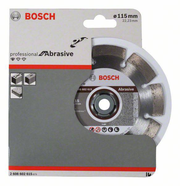 Profesionální brusný kotouč Bosch, 115 mm v průměru, s otvorem 22,23 mm. Obal ukazuje oblasti použití: kámen, kov.