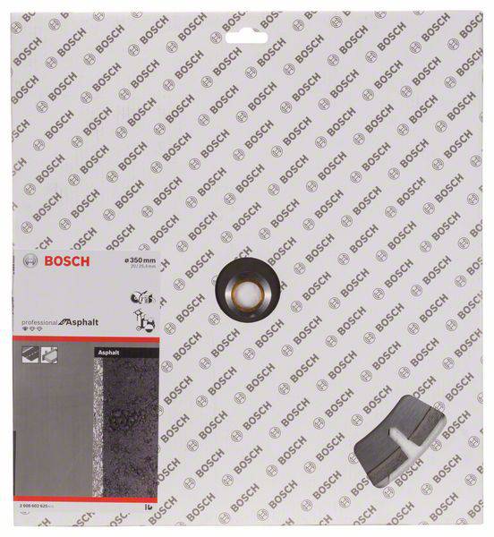 Balení diamantového řezného kotouče Bosch pro asfalt, 350 mm. Obsahuje obrázek řezu asfaltem a designu kotouče.