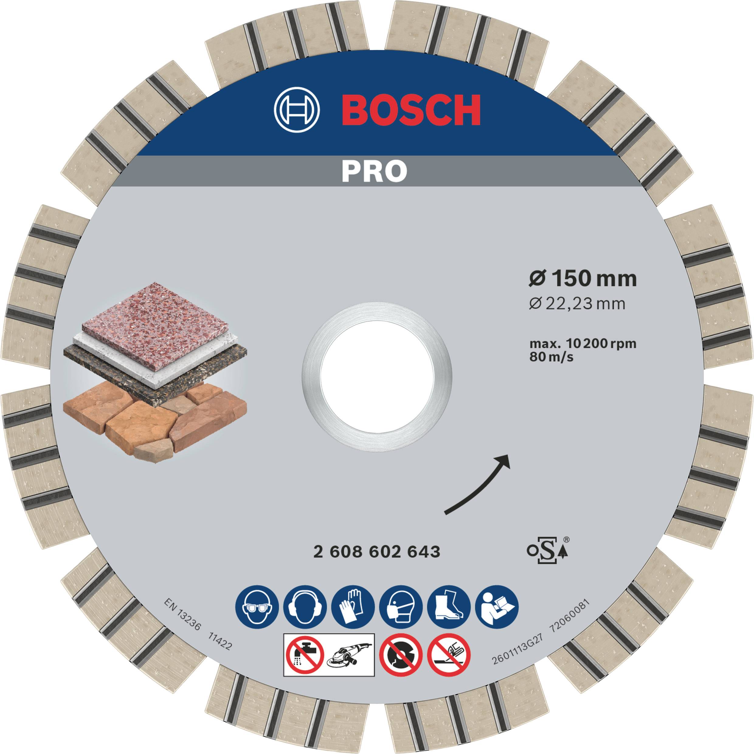 Řezný kotouč na kámen a beton, průměr 150 mm, maximální otáčky 10.200 ot./min, doplněný piktografickými bezpečnostními pokyny.