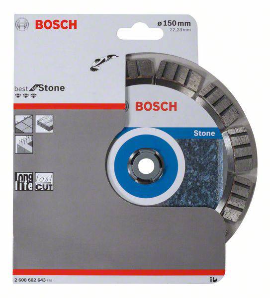 'Bosch 150 mm dělicí kotouč na kámen, vhodný pro rychlé řezy. Obal zobrazuje specifikace produktu a logo.'