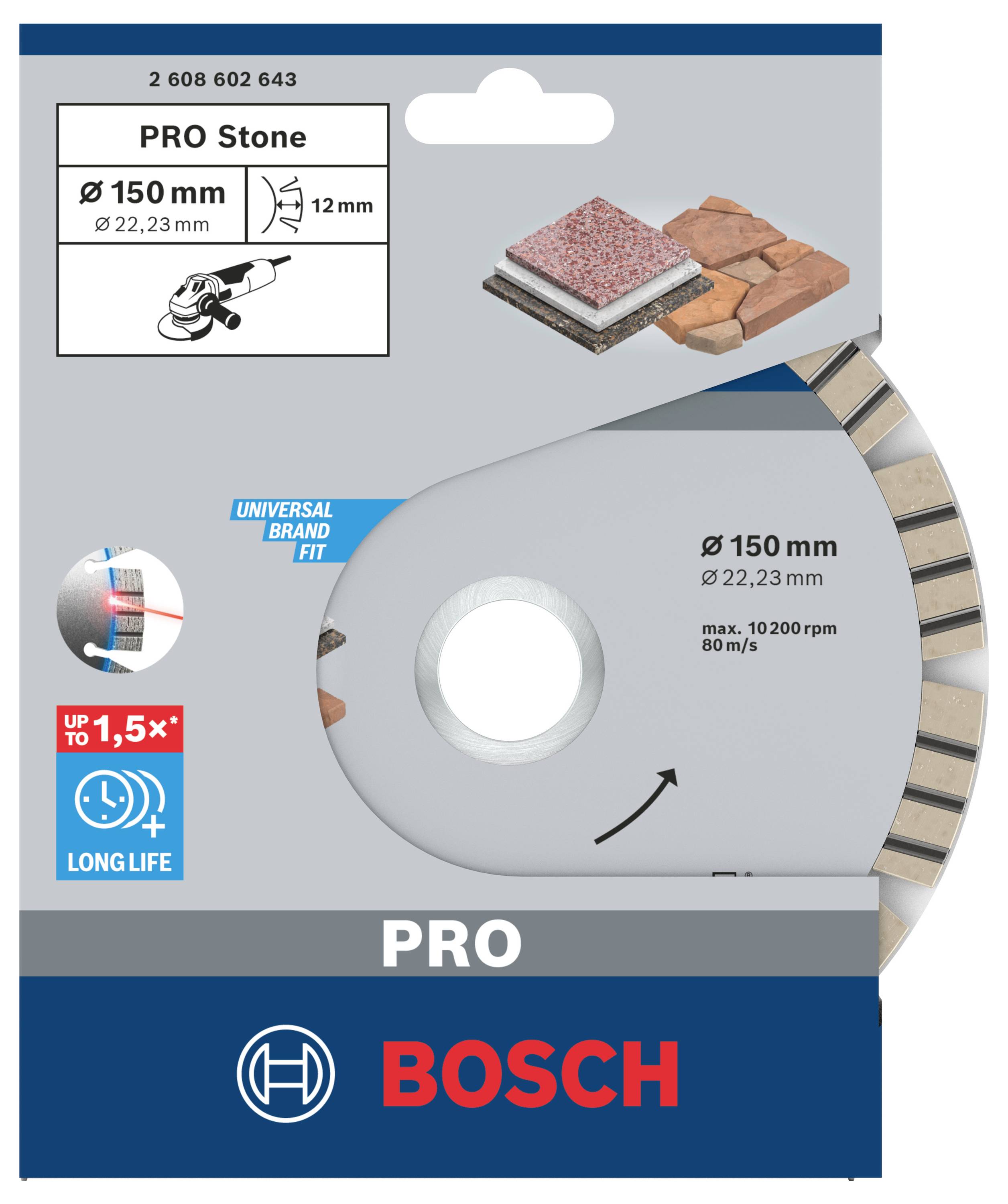Obal pro diamantový řezný kotouč 'PRO Stone' od Bosch. Vhodný pro kámen, velikost 150 mm, 22,23 mm Ø. Dlouhá životnost.