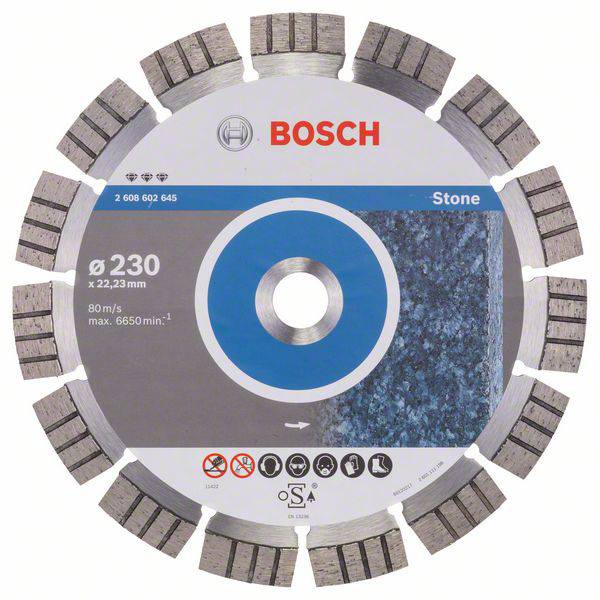 Diamantový kotouč Bosch Stone, Ø230 x 22,23 mm, 80 m/s, max. 6650 ot/min, vhodný pro opracování kamene.