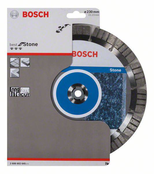 Balení diamantového řezného kotouče Bosch. Obsahuje obrázek kotouče a specifikace, vhodné pro řezání kamene.