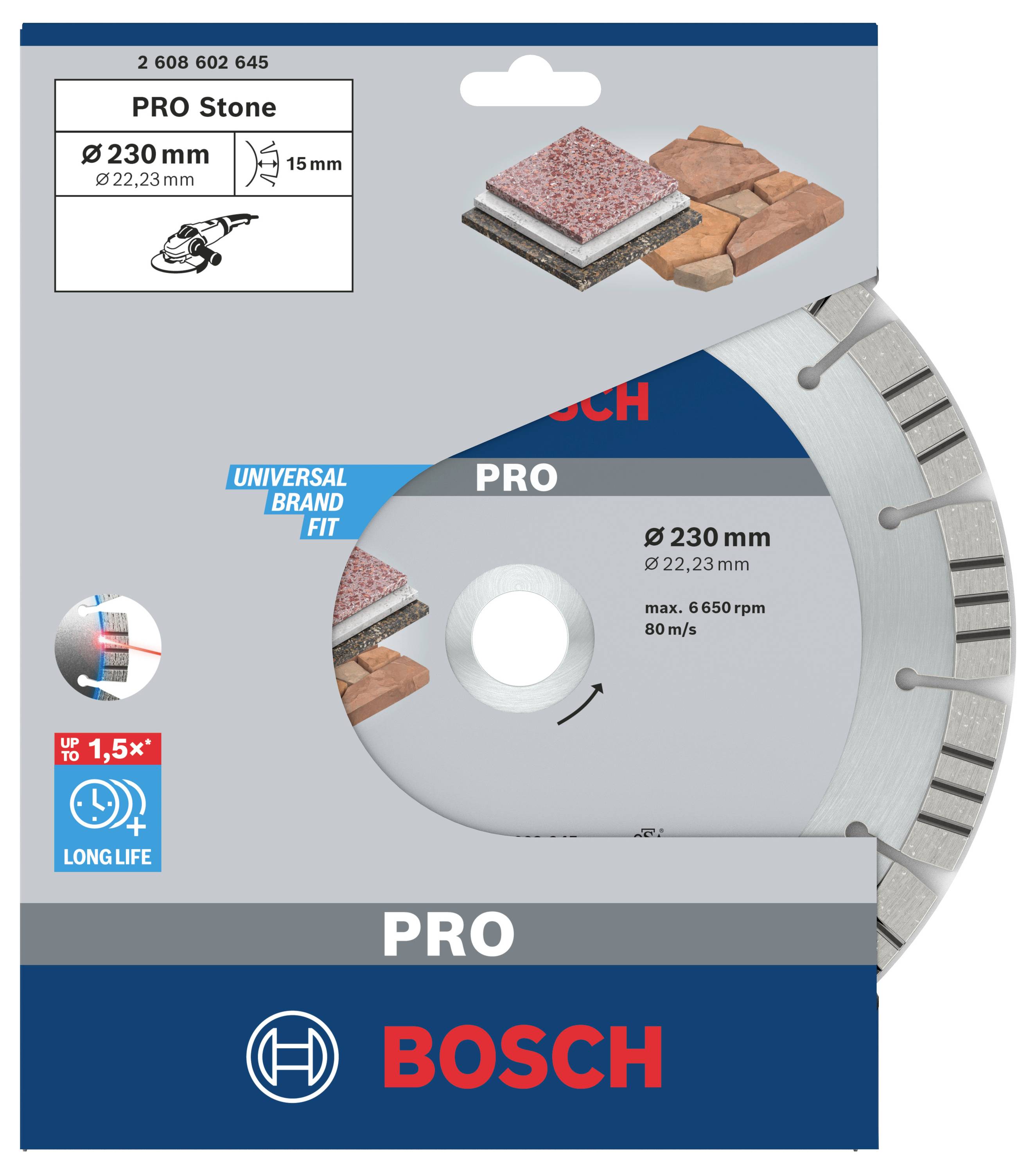 Balení řezného kotouče Bosch PRO Stone, průměr 230 mm, vhodný pro kamenné materiály. Ukazuje odolnost a kompatibilitu značky.