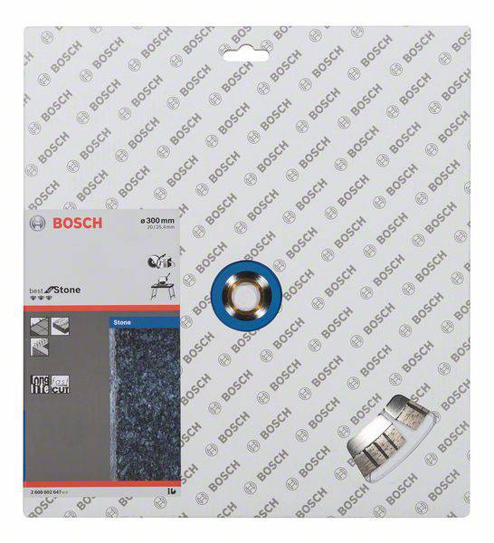 Pilový kotouč Bosch pro opracování kamene, průměr 300 mm, balení s vyobrazením produktu a technickými údaji.