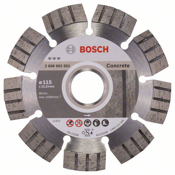 Diamantový řezný kotouč na beton se segmentovaným ostřím a značkou 'Bosch'. Vhodný pro řezy o průměru 115 mm při rychlosti 80 m/s, max. 13 300 ot./min.