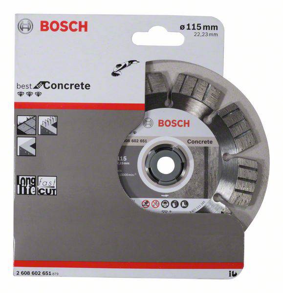 Obrázek znázorňuje diamantový řezný kotouč značky Bosch pro beton o průměru 115 mm v originálním obalu, vhodný pro rychlé řezání.