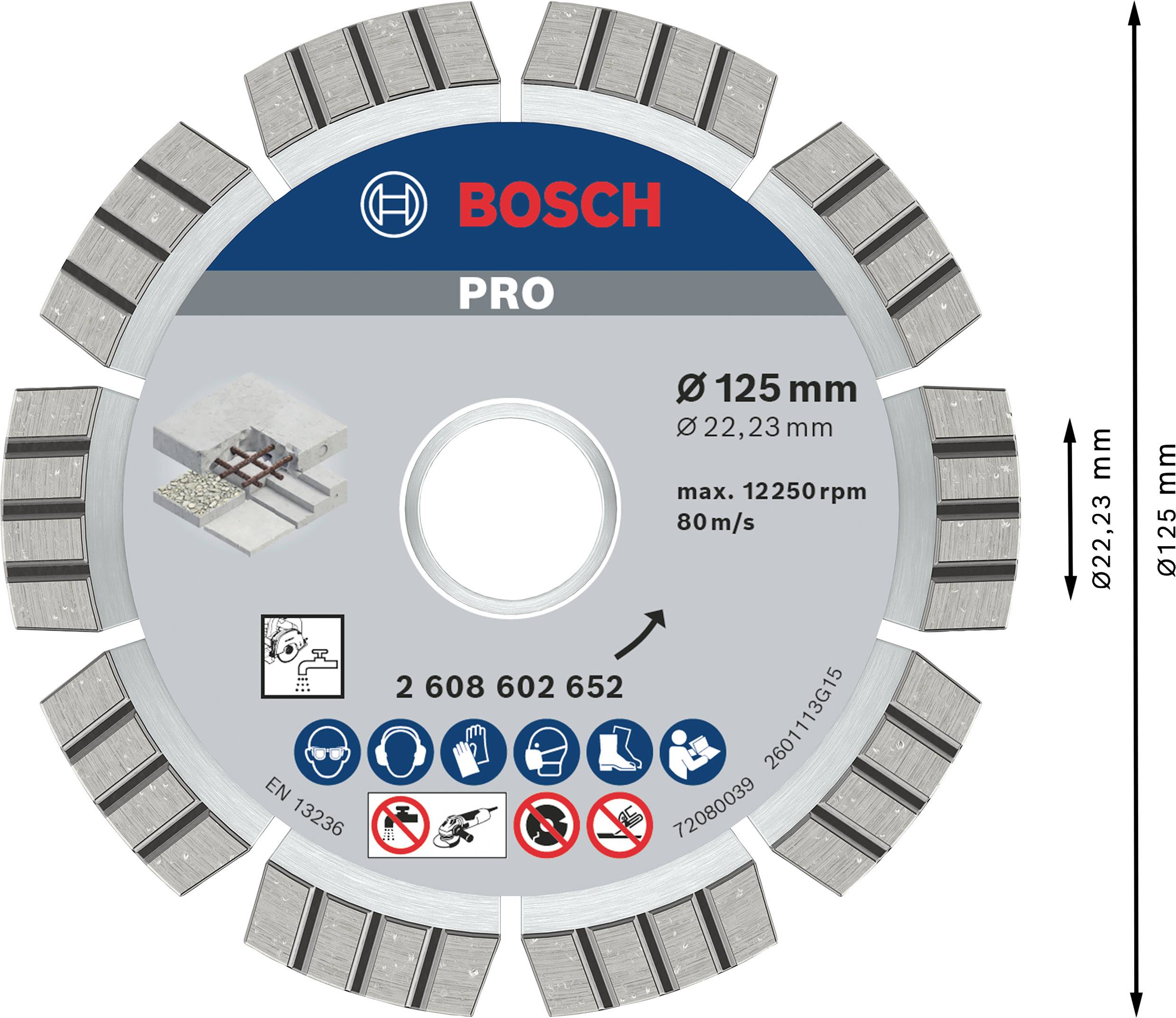 Modrý řezný kotouč s nápisem 'BOSCH PRO', průměr 125 mm, max. 12250 ot/min, grafiky pro bezpečnostní pokyny.