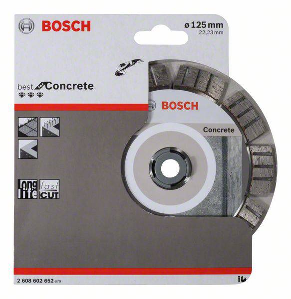 Obal diamantového kotouče Bosch pro beton, Ø 125 mm. Obal zobrazuje symboly s pokyny k použití a specifikacemi produktu.