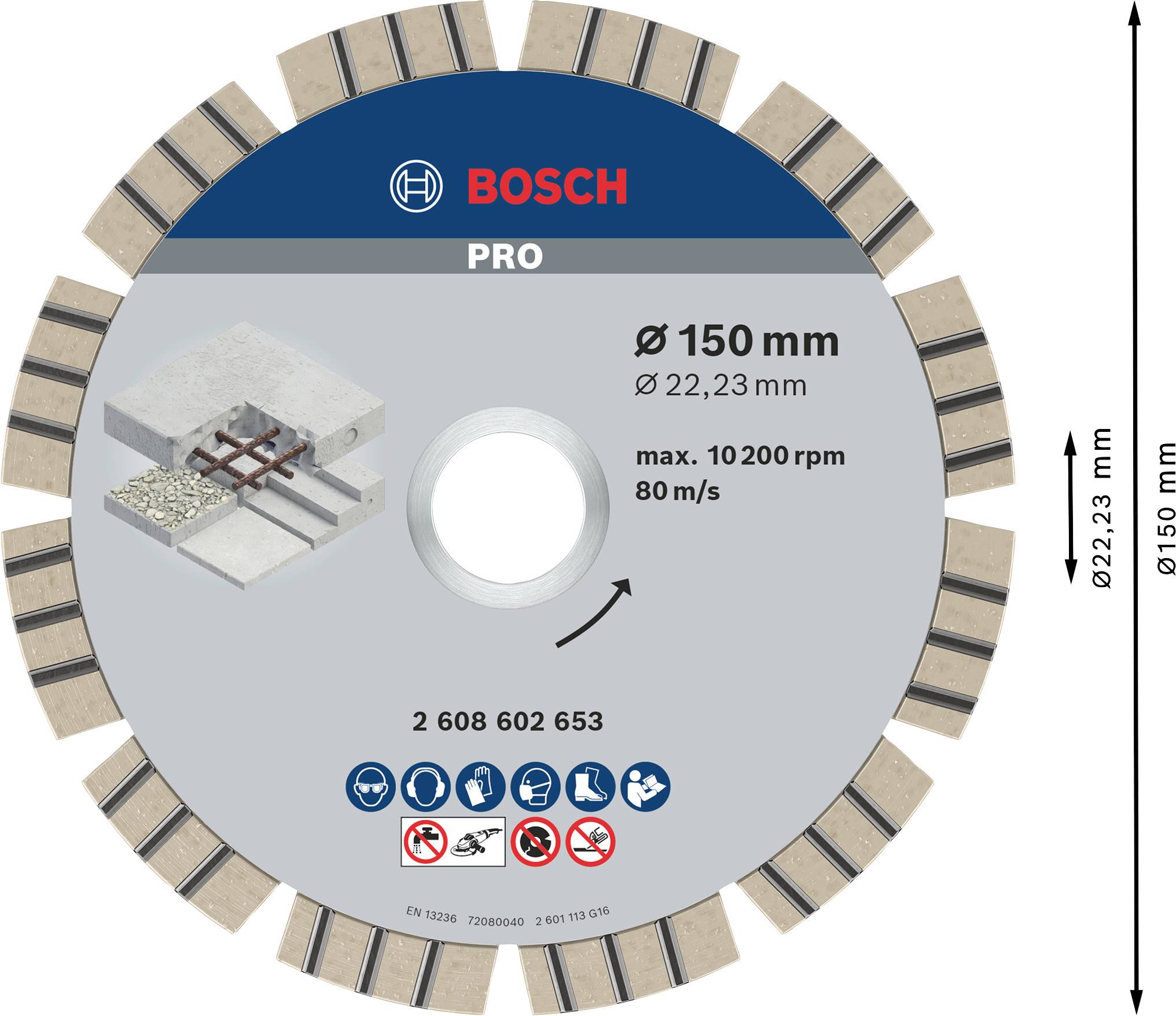 Diamantový kotouč od Bosch, průměr 150 mm, vhodný pro obklady a slinutou keramiku. Maximální otáčky: 10.200 ot/min, rychlost: 80 m/s.