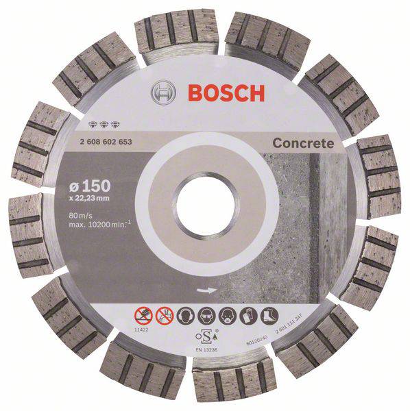 Diamantový kotouč Bosch, vhodný pro beton. Průměr: 150 mm, upínací otvor: 22,23 mm, maximální otáčky: 80 m/s.