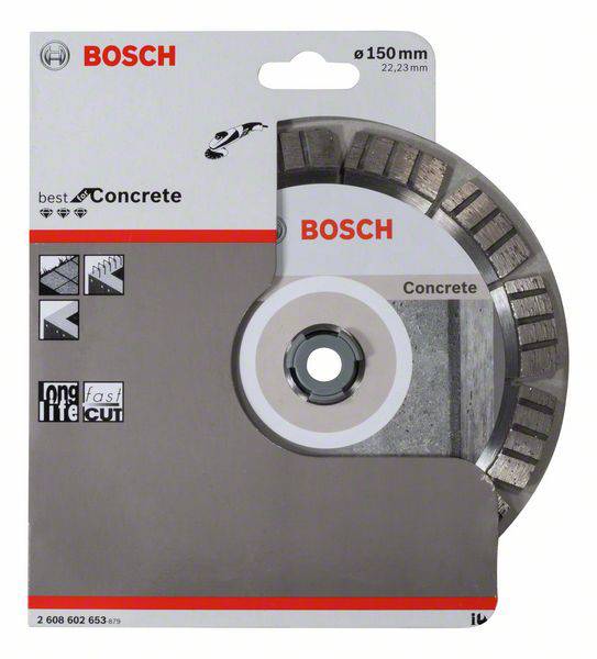 Řezný kotouč Bosch na beton, průměr 150 mm, v balení s informacemi o rychlosti a trvanlivosti.